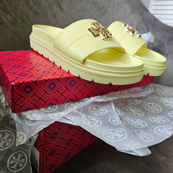 NIB Tory Burch Everly Anatomic Lug Paris Nappa Leather Slide Sandal Yellow 6 - Picture 1 of 11